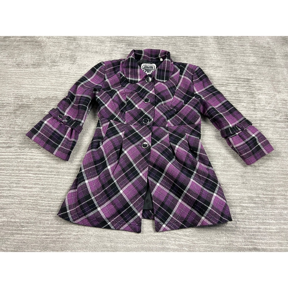 Heart Soul Pea Coat Women Medium Purple Plaid 3/4 Sleeve Wool Blend 73155YZ06
